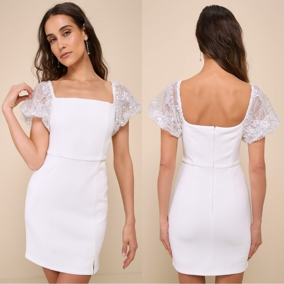 NWOT Lulus Sparkly Charisma White Sequin Off-the-Shoulder Mini Dress - Picture 1 of 9